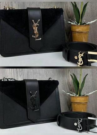 Набор женский 2в1 сумка и ремень кожа натуральная замша черный подарок подарочный набор