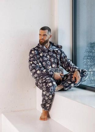 Милая мужская пижама принт лапки теплый домашний костюм в пижамном стиле для мужчины ткань двусторонний плюшик4 фото