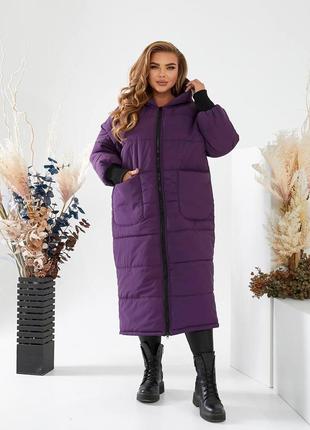 Фіолетове молодіжне стьобане зимове куртка-пальто батал з 50 по 60 розмір1 фото