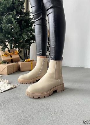Бежевые натуральные кожаные зимние ботинки челси с резинкой на резинке толстой подошве кожа зима беж10 фото