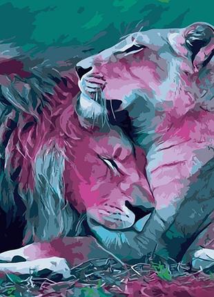 Картина за номерами strateg преміум любов левів з лаком та з рівнем розміром 40х50 см (gs1460)