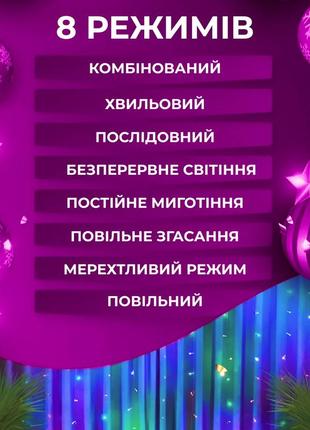 Гірлянда водоспад 3х2 м 210 led (480 l) лампочок світлодіодна прозорий дріт 10 ниток 8 режимів7 фото