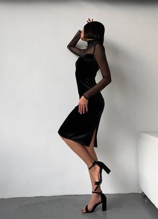 Оксамитова облягаюча сукня комбінована сукня міді з сітки та оксамиту.3 фото