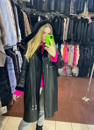 🖤 дублянка шкіряна 110 см, шкіряна натуральна дублянка з капюшоном