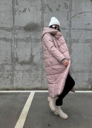 Теплая зимняя куртка пальто плащевка на силиконе свободного прямого кроя стеганая с капюшоном меди2 фото