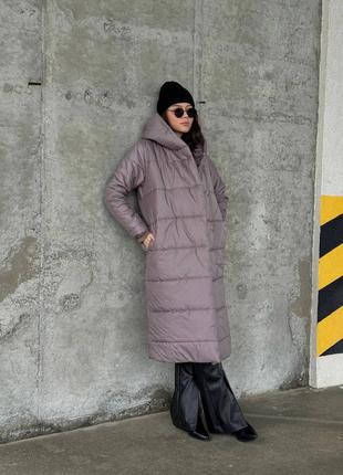 Теплая зимняя куртка пальто плащевка на силиконе свободного прямого кроя стеганая с капюшоном меди7 фото