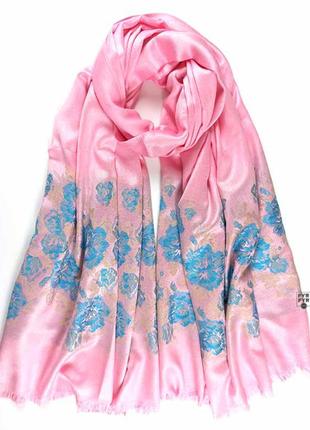 Роскошный палантин шелк шерсть шарф тканый узор жаккард гобелен пейсли розовый