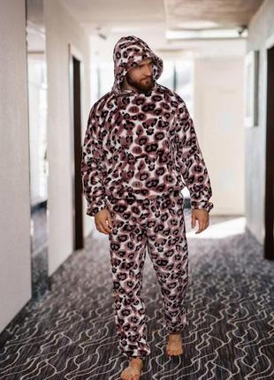 Затишна тепла чоловіча піжама коричневого кольору з капюшоном стильний хатній одяг для чоловіка3 фото