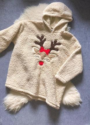 Плюшевая домашняя батал кофта пижамная новогодняя рождественская махровая флисовая бараш олень домашня піжамна плюшева флісова