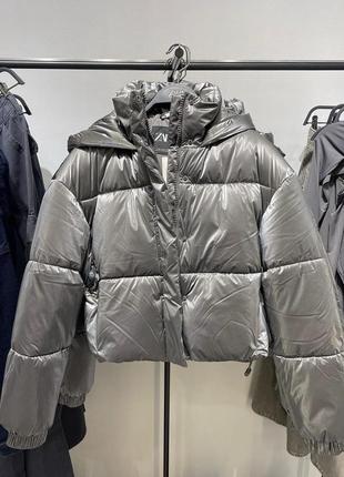 Шикарная куртка zara тренд металлик до -15, эко пуховик, дутик пуффер4 фото