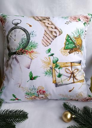 Новогодняя наволочка 40*40 белая с носками с хлопка