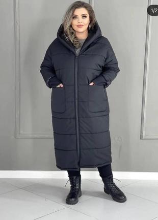 Черное молодёжное стёганое зимнее куртка-пальто батал с 50 по 60 размер