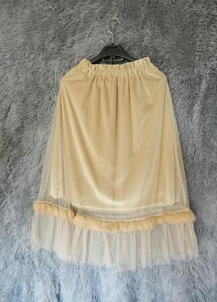⛔✅ красивенная юбка миди из велюра с натуральным мехом и фатином евросатка1 фото