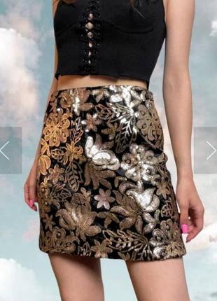 Праздничная юбка, юбка, расшитая золотыми пайетками на черном велюре george, р. 121 фото