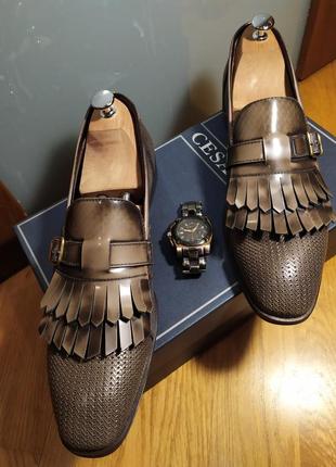 Cesare paciotti кожаные мужские туфли лоферы/монки с бахромой.дорогой бренд