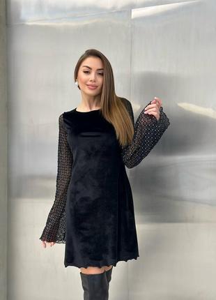 Вечернее платье женское короткое (мини) велюровое рукава сетка черное, серое (платье)2 фото