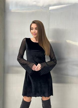 Вечернее платье женское короткое (мини) велюровое рукава сетка черное, серое (платье)4 фото