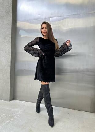 Вечернее платье женское короткое (мини) велюровое рукава сетка черное, серое (платье)7 фото