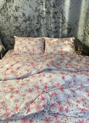 Рождественский комплект постельного белья снежинка из ранфорса двуспальный евро семейный