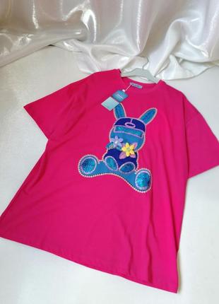 Крутая стильная яркая футболка с пайетками мимишными мягкими плюшевыми цветами4 фото
