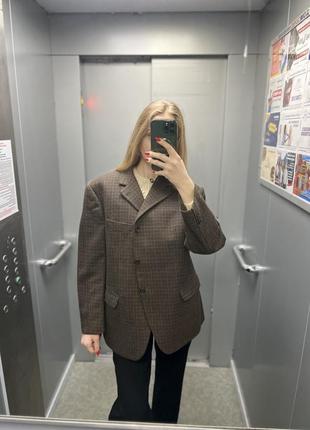 Стильный теплый твидовый шерстяной пиджак в клетку размер л гусиная лапка винтажный стиль1 фото