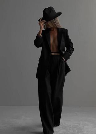 Классический костюм пиджак удлиненный оверсайз брюки клеш палаццо комплект белый черный жакет стильный базовый трендовый7 фото