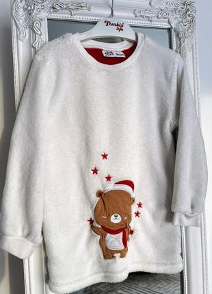 Білий плюшевий ствер новорічна кофта з ведмедиком тепла кофта новорічна 3-4р