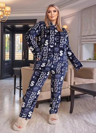 Жіночий теплий домашній костюм із велсофту з принтом великі розміри 48-621 фото