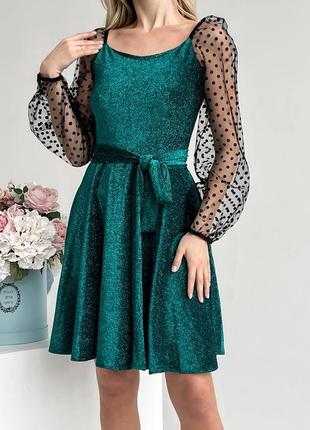 Шикарное платье вечернее трикотажные люрекс с прозрачными рукавами сеточкой чёрная серебристое синее зелёное короткое с пышной юбкой расклешённое7 фото