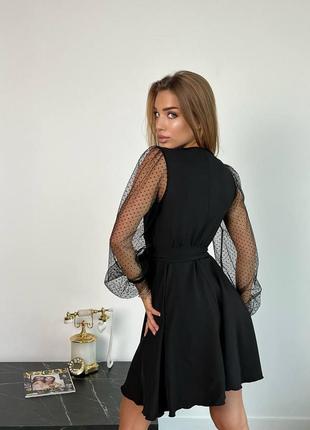 Шикарное короткое платье с пышной юбкой расклешённое вечернее чёрное бордовое с прозрачными рукавами сеточкой с декольте на запах солнца колокольчик8 фото