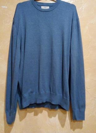 Пуловер свитер из 100% хлопка плотный сине голубого цвета бренда m&s теплый унисекс