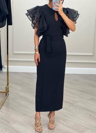Платье миди черное однотонное с поясом с объемными рукавами качественное стильное трендовое