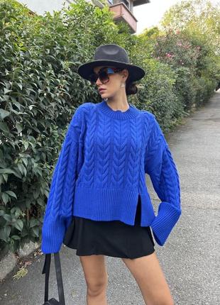 Світер светр в’язаний коса косичка теплий м’який з розрізом знизу спереді кофта джемпер оверсайз об’ємний стильний тренд базовий однотон зара zara