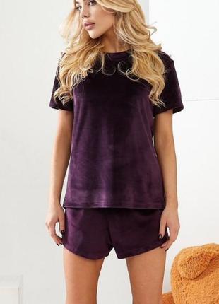 Піжама жіноча велюрова однотонна оверсайз футболка шорти якісна стильна комфортна марсала сіра1 фото