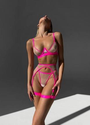 Сексуальное нижнее бельё-стринги пояс гартеры бюстик яркий неоновый розовый цвет