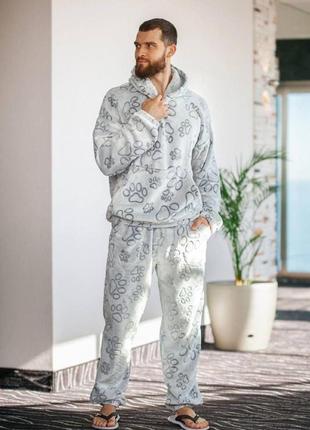 Пижама мужская теплая с кенгуру милый домашний костюм в пижамном стиле для мужчины ткань двусторонний плюшик