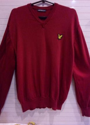 Элегантный 100%шерсть мериноса мужской пуловер темно- красного цвета бренда lyle&scott