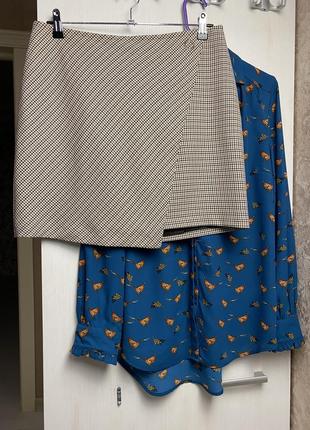 Короткая юбка в клетку (мелкая гусиная лапка), юбка на запах, базовая мини юбка в теплых оттенках4 фото