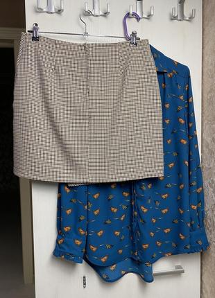 Короткая юбка в клетку (мелкая гусиная лапка), юбка на запах, базовая мини юбка в теплых оттенках8 фото