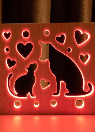 Світильник нічник із дерева led "кіт і пес" з пультом і регулюванням кольору, rgb