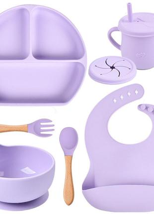 Набір силіконового посуду y2 трьохсекційна тарілка, поїльник, ложка виделка дерев'яні, слюнявчик фіолетовий n-11130