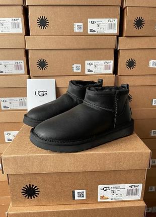 Ugg ultra mini black leather угги черные с мехом