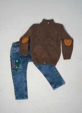 Вязаный свитер на зиму на замочке под горло на мальчика коричневый серый2 фото