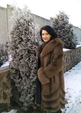 Шуба с капюшоном нутрия-песец натуральный мех, размер 46-50