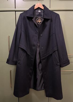 Тёмно-синее  стильное шерстяное пальто с пелериной, 70 % шерсть, кашемировое пальто, большой размер