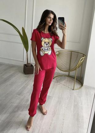 Пижама женская футболка и штаны турецкий трикотаж кораллл с мишкой (пижамный комплект)