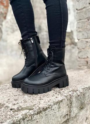 Женские кожаные зимние ботинки на меху, высокие, черные5 фото