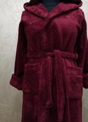 Натуральний халат махрові на поясі розмір 46 48 50 52, гарний яскравий жіночий халат баний бордовий1 фото