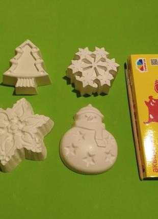 Новорічний набір гіпсових фігурок для творчості сніговик сніжинка ялинка для розфарбовування дітям