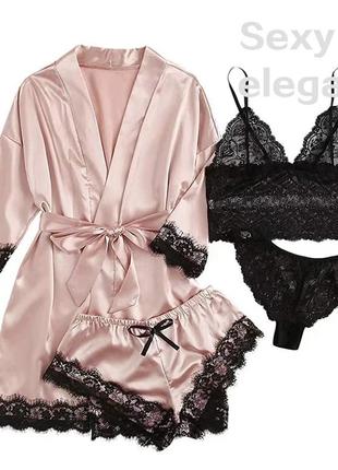 Сексуальный атласный комплект для сна женская пижама, топ и халат цвет пудра с черным кружевом5 фото